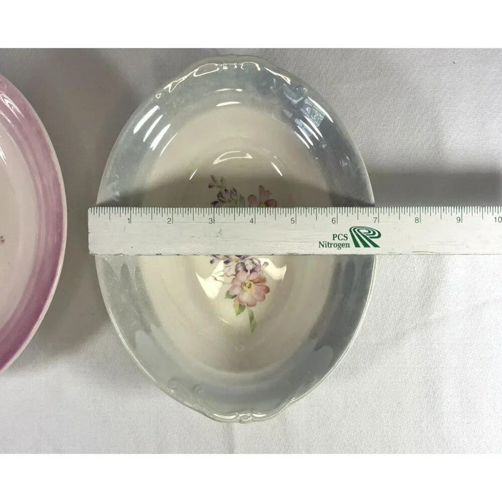 Crown Potteries Co Pair of Oval Floral Bowls Pink Blue 9X7X2